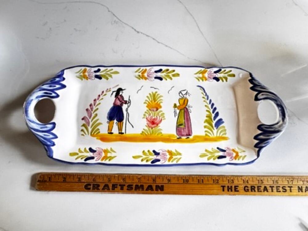 Sur La Table Quimper Platter 17" Breton Peasant Handle Serving Tray Portugal Vtg